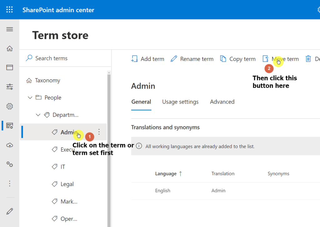 Click the move term button to relocate the term
