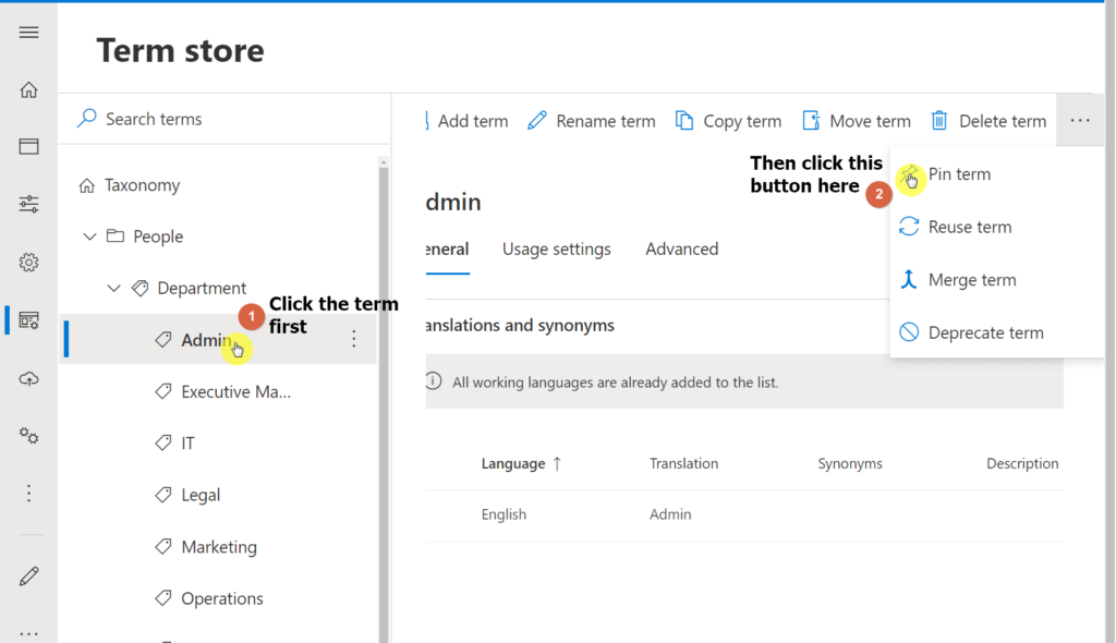 Click the pin term to pin the term and its subterms