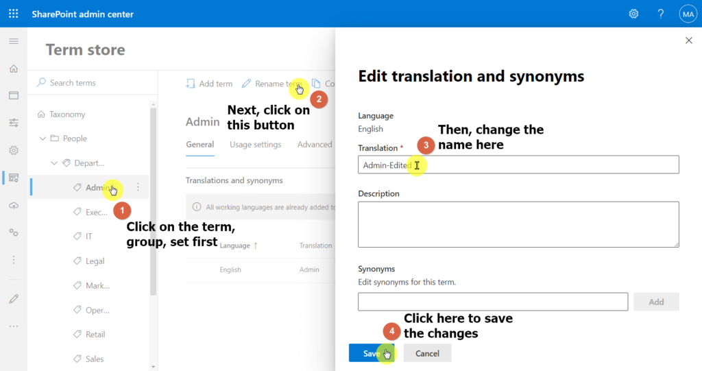 Click the rename term button to edit the name of the term