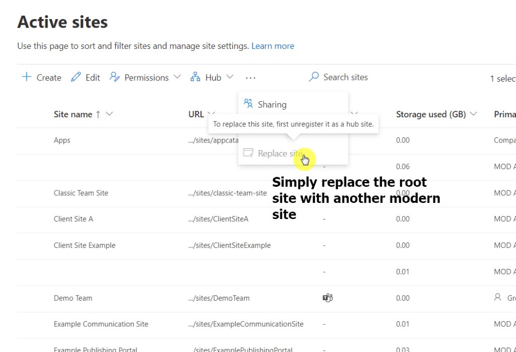 Replace the root site from the admin center