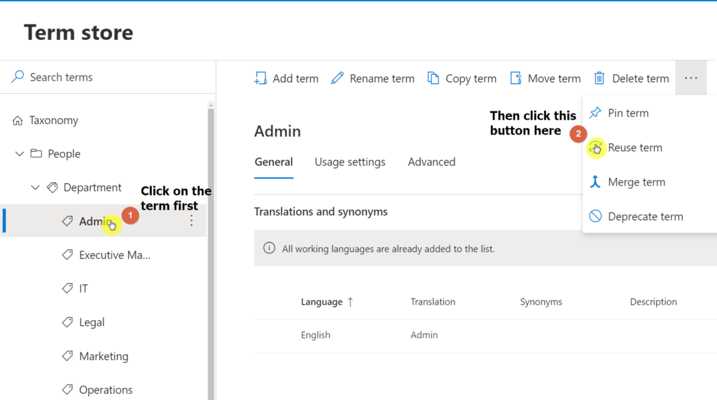 Click the reuse term button to reuse a term