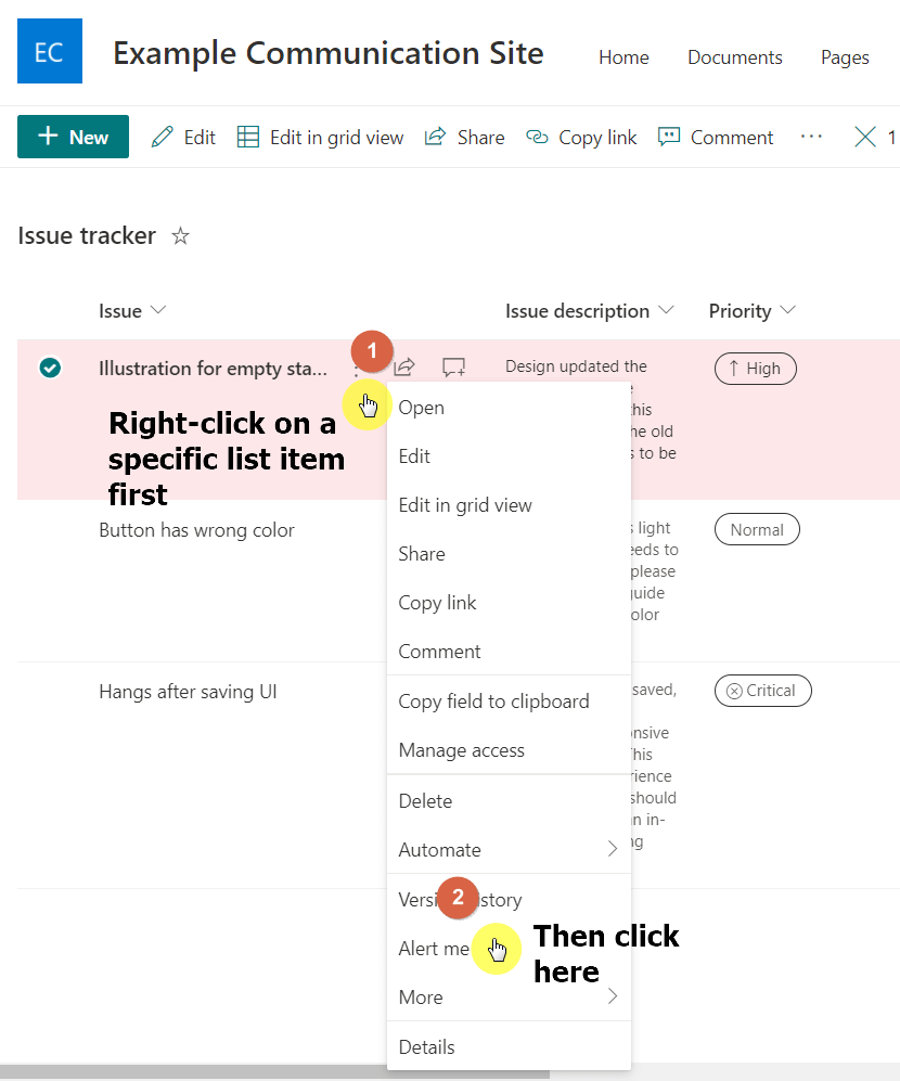 Right-click a list record and select the alert me option