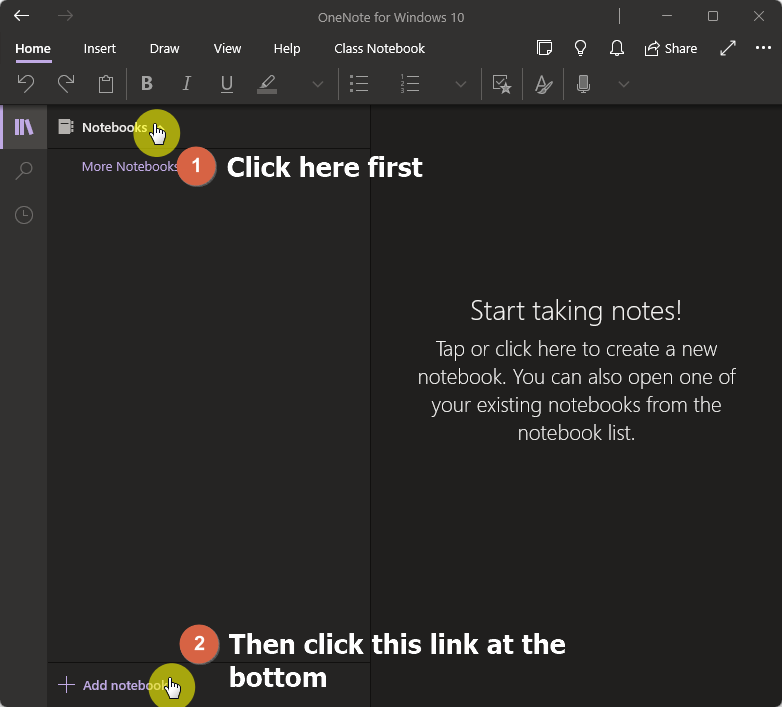 Click the Add notebook link at the bottom of the sidebar