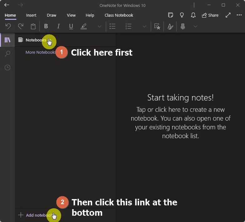 Click the Add notebook link at the bottom of the sidebar