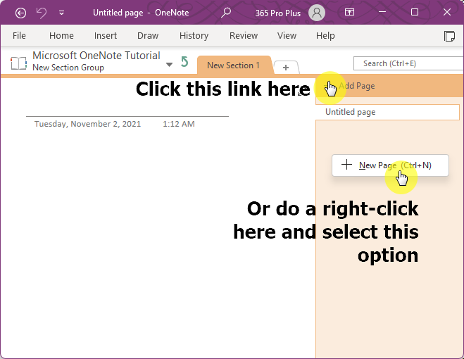 Click the add page link at the top of the page pane