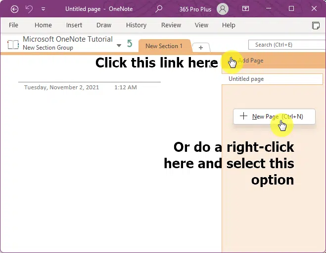 Click the add page link at the top of the page pane