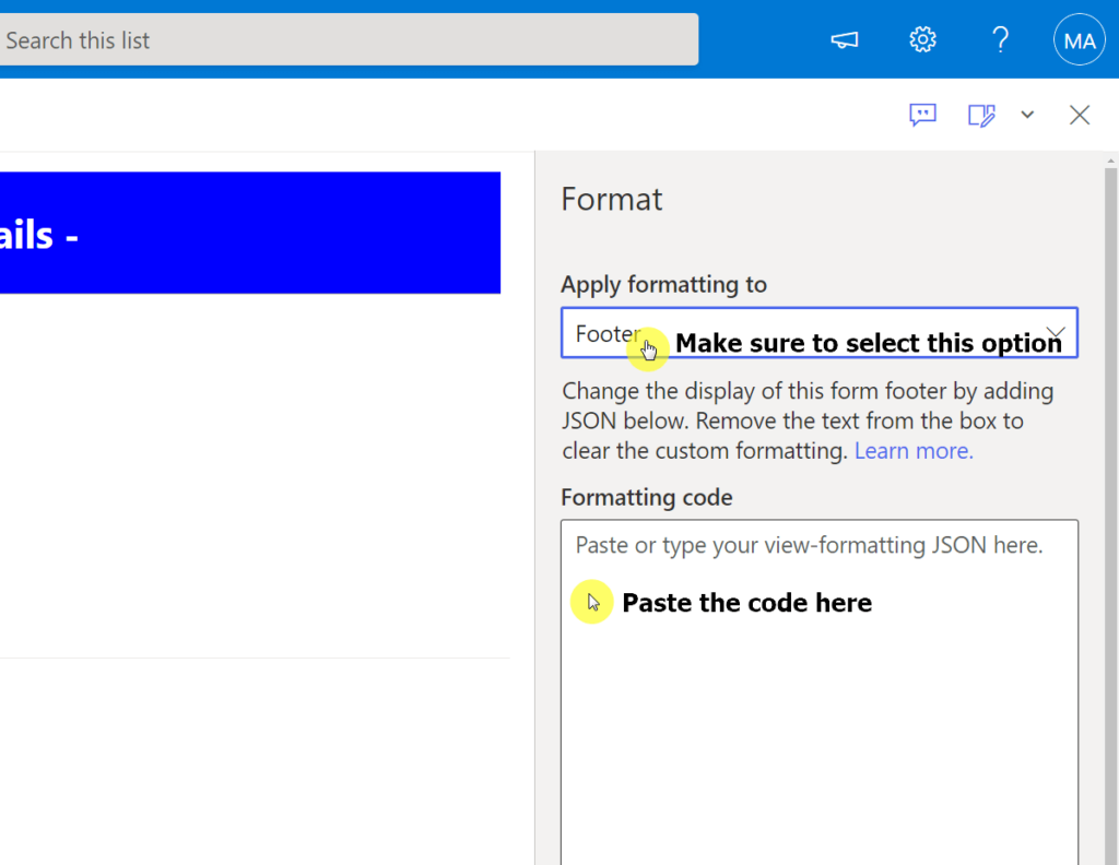 Screenshot of a formatting settings page showing a drop-down menu set to Footer with highlighted text instructing to select this option, and another note to paste code in the provided area below.