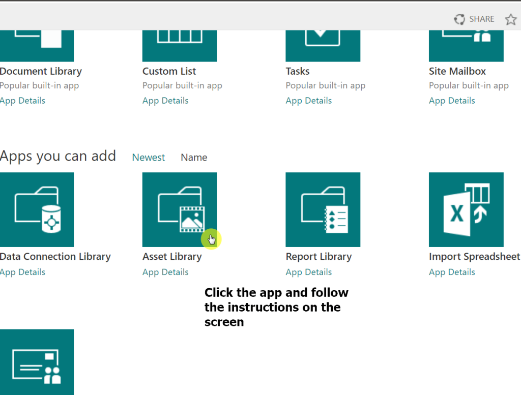 Click on the assets library app and continue the installation