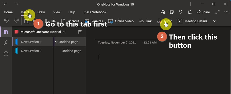 Go to the insert tab and click the audio button