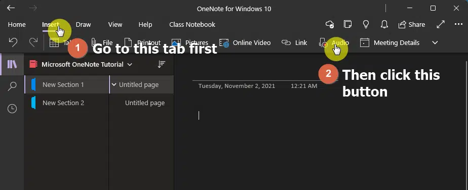 Go to the insert tab and click the audio button