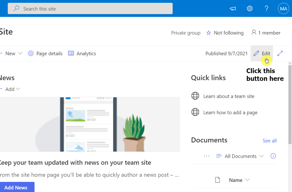 Click the edit button on the upper-right corner of the SharePoint page