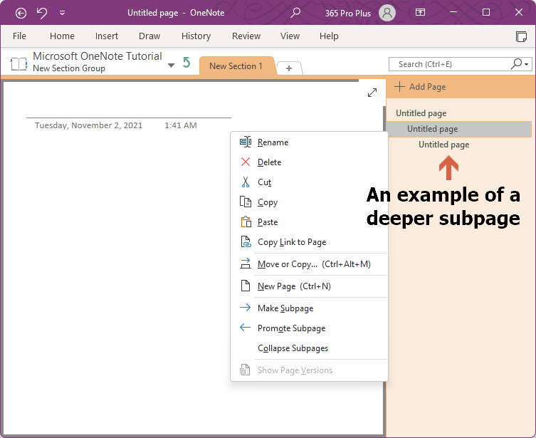 A deeper subpage is more indented than a regular subpage