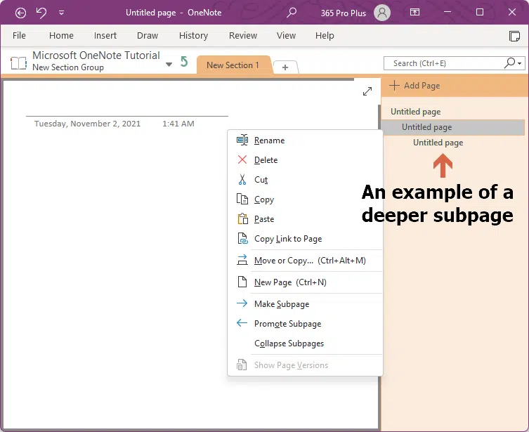 A deeper subpage is more indented than a regular subpage