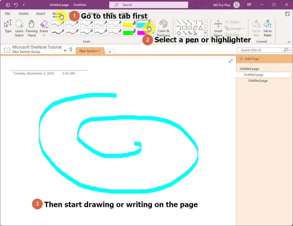 Go to the draw tab and click on any pen or highlighter