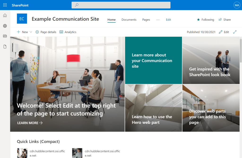 Example Communication Site in SharePoint