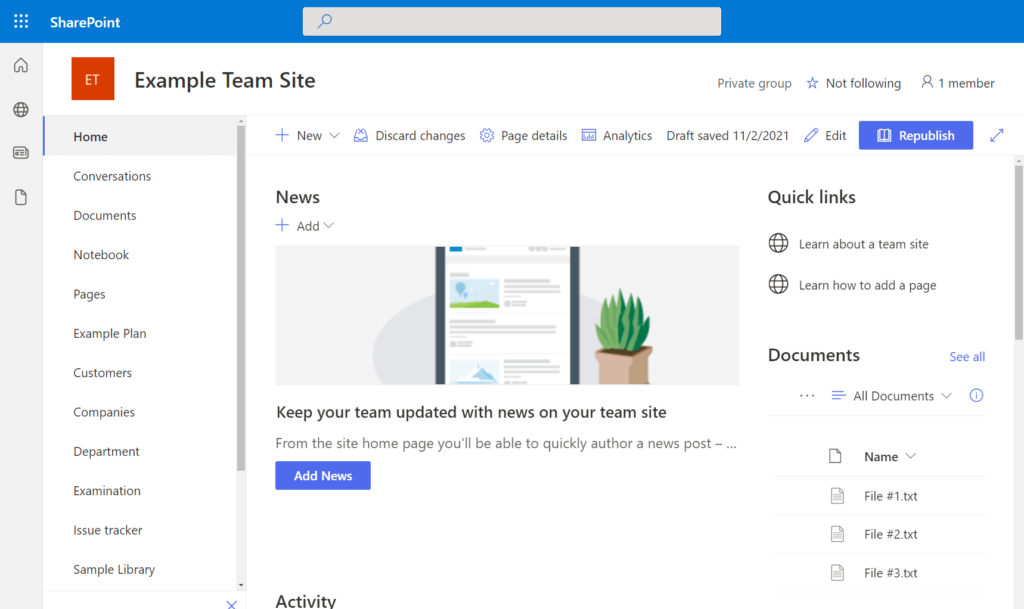 Example Team Site in SharePoint