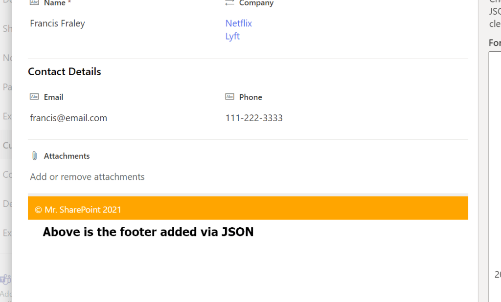 Custom footer added via JSON that says Mr. SharePoint 2021
