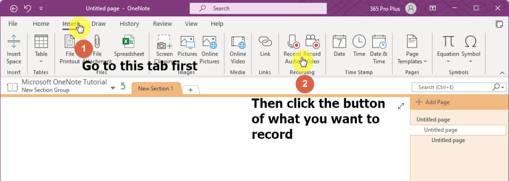 Go to the insert tab and click either record audio or record video