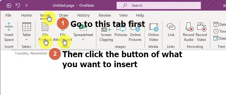 Go to the insert tab first and click the file button or the printout button
