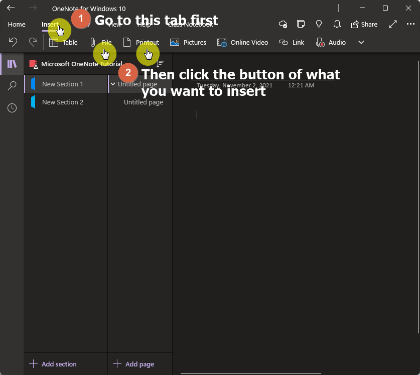 Go to the insert tab first and click the file button or the printout button
