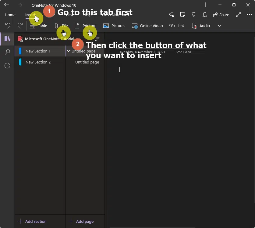 Go to the insert tab first and click the file button or the printout button