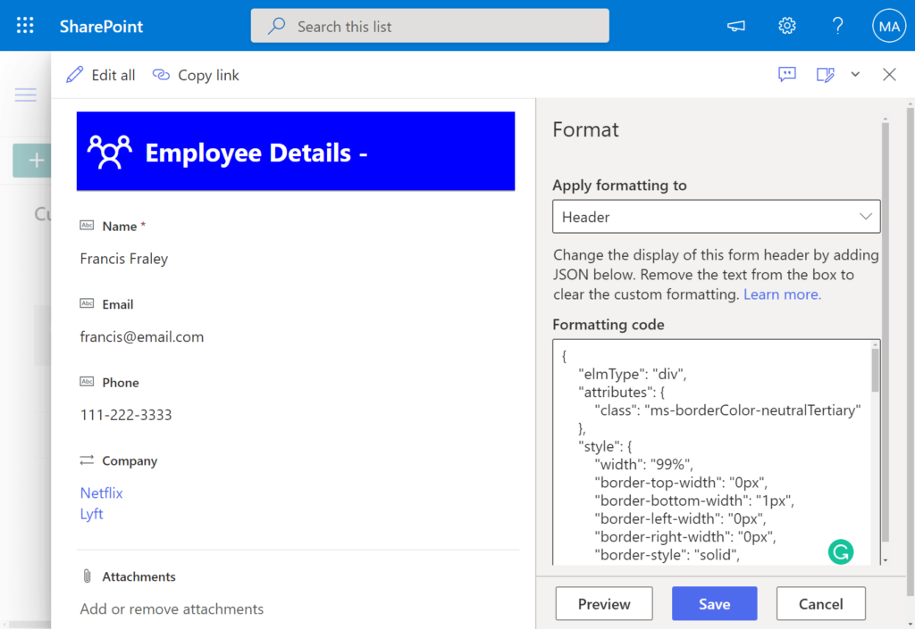 The list form header now has a blue background