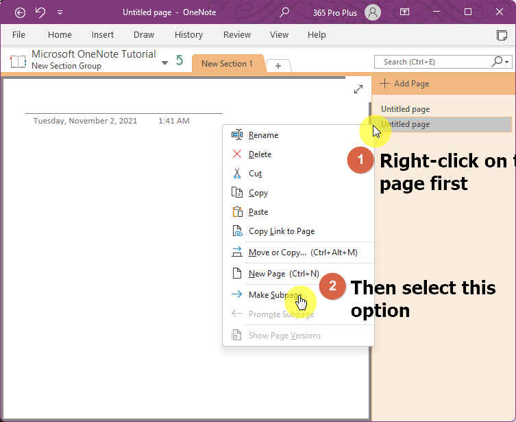Right-click on a page first and select make subpage from the options