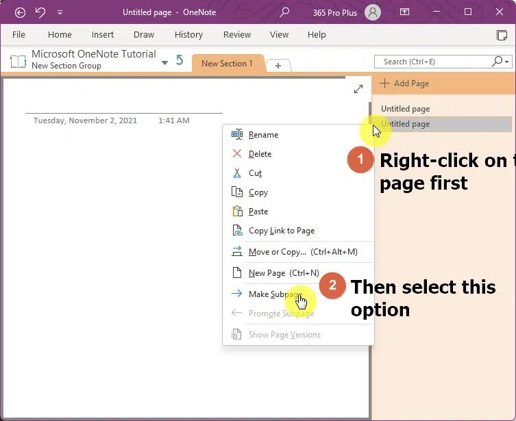 Right-click on a page first and select make subpage from the options