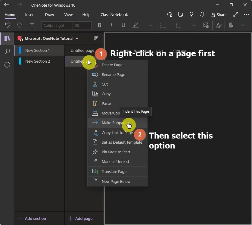 Right-click on a page first and select make subpage from the options