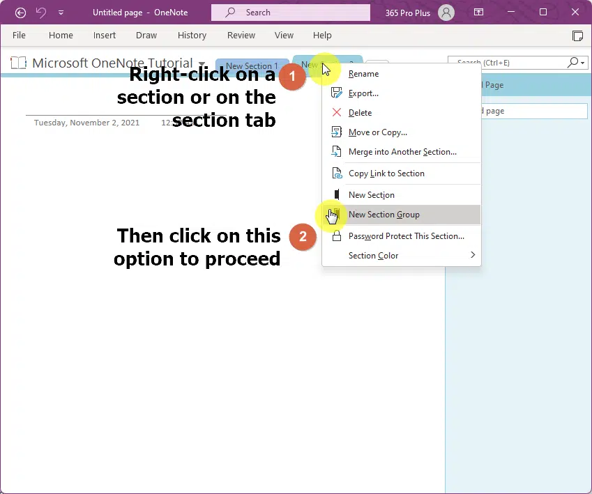 Right-click on a section and select new section group