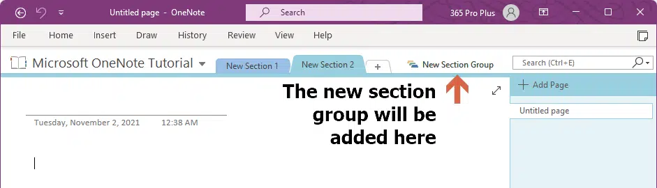 The new section group will be added to the tab