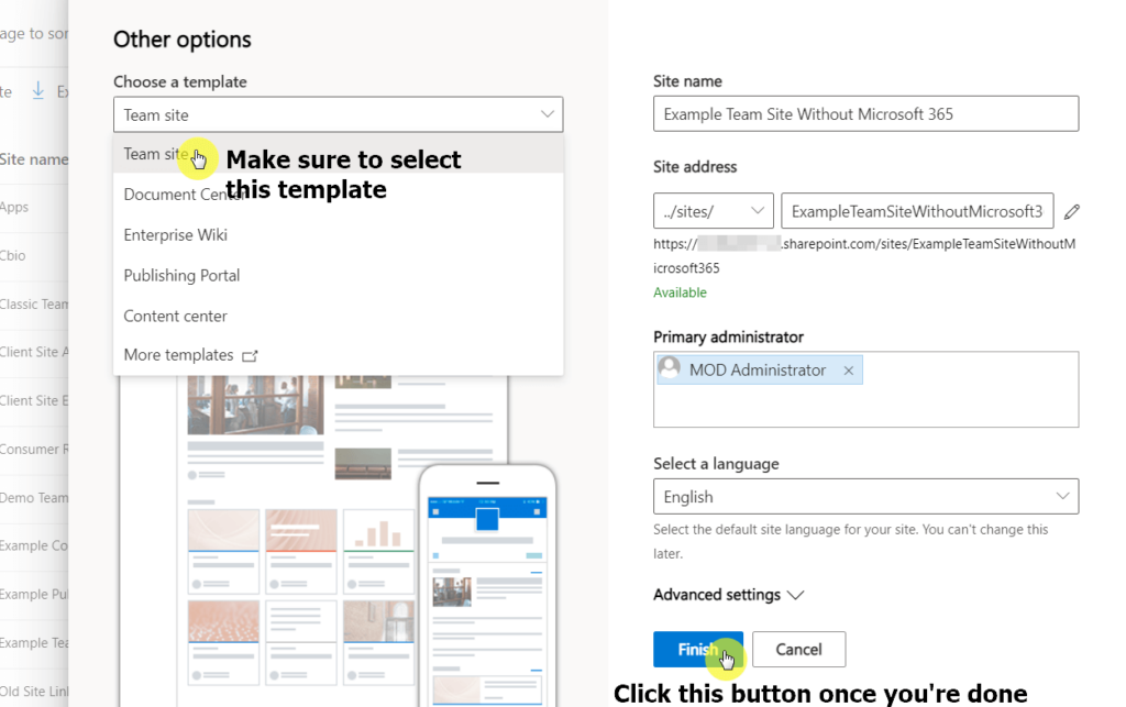 Select the team site template and provide more information about the new team site