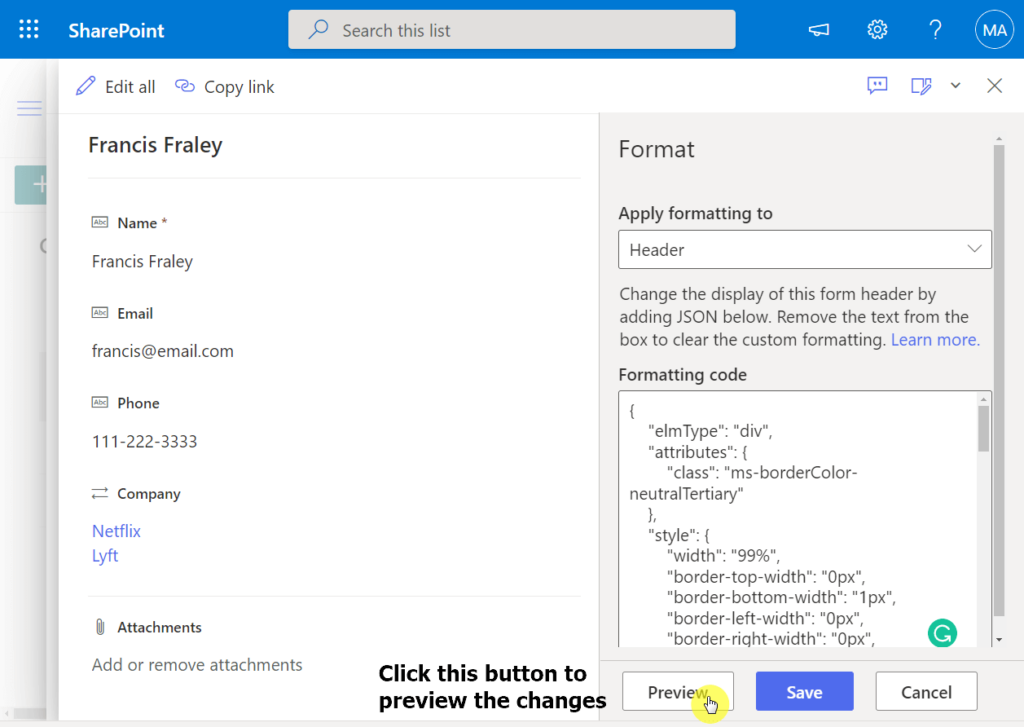 Click on the preview button to see how the code affects the header