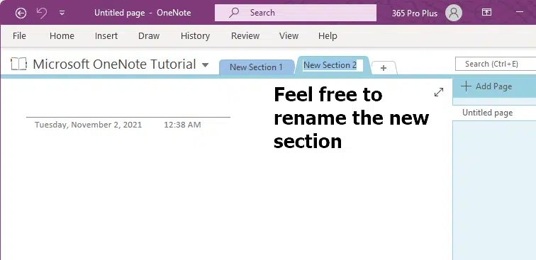 Rename the new section on your notebook