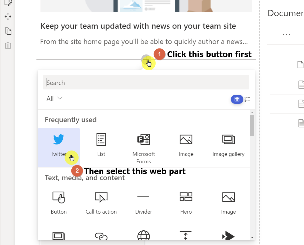 Click the plus button and select the Twitter web part