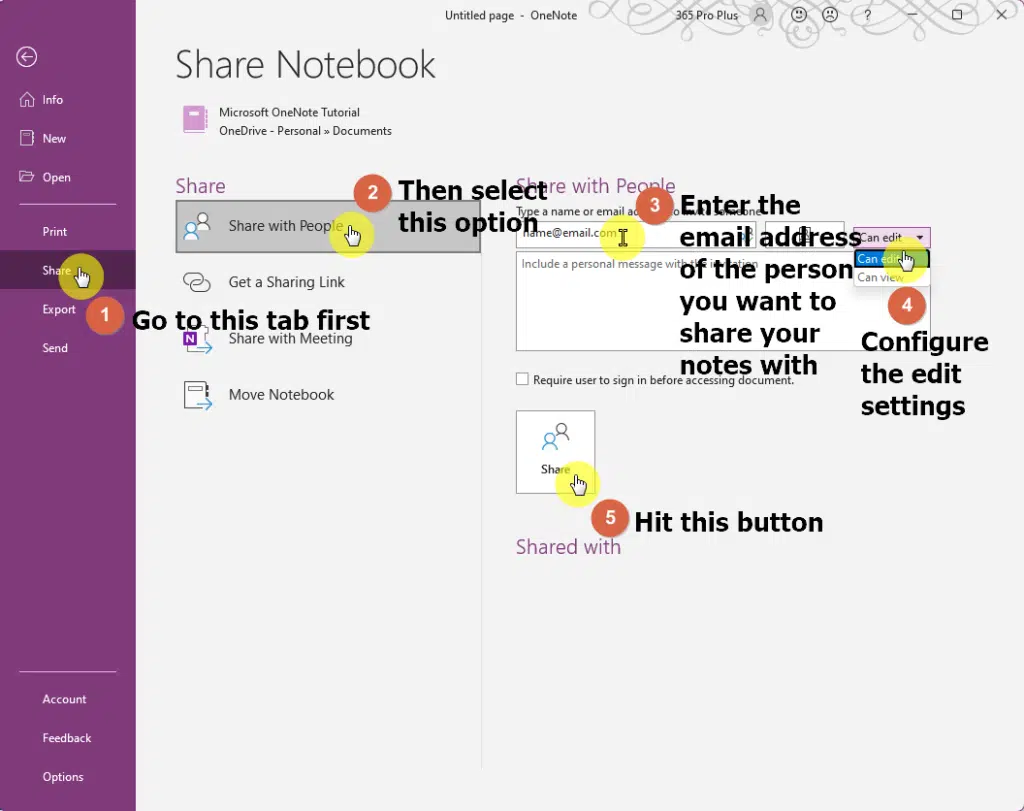 Enter an email address, change the privacy settings, and click the Share button