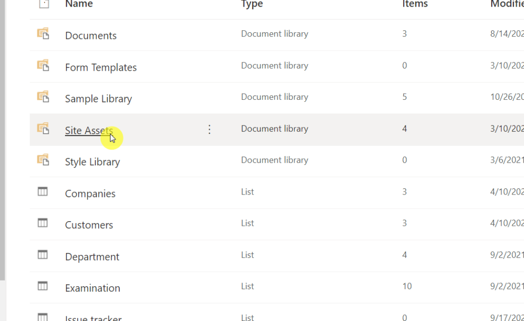 Site assets under site contents in an example team site