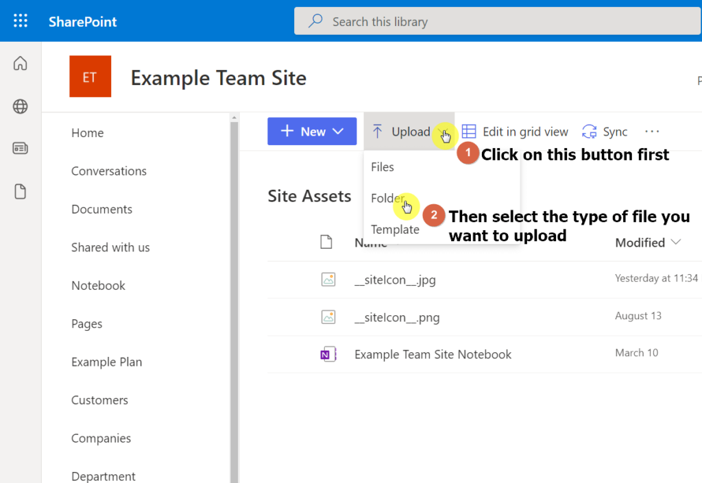 Click on the upload button first and select the type of file you want to upload