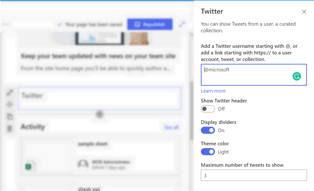 Options to customize the Twitter feed on the right side
