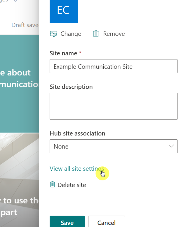 On the site information panel, click on the view all site settings link