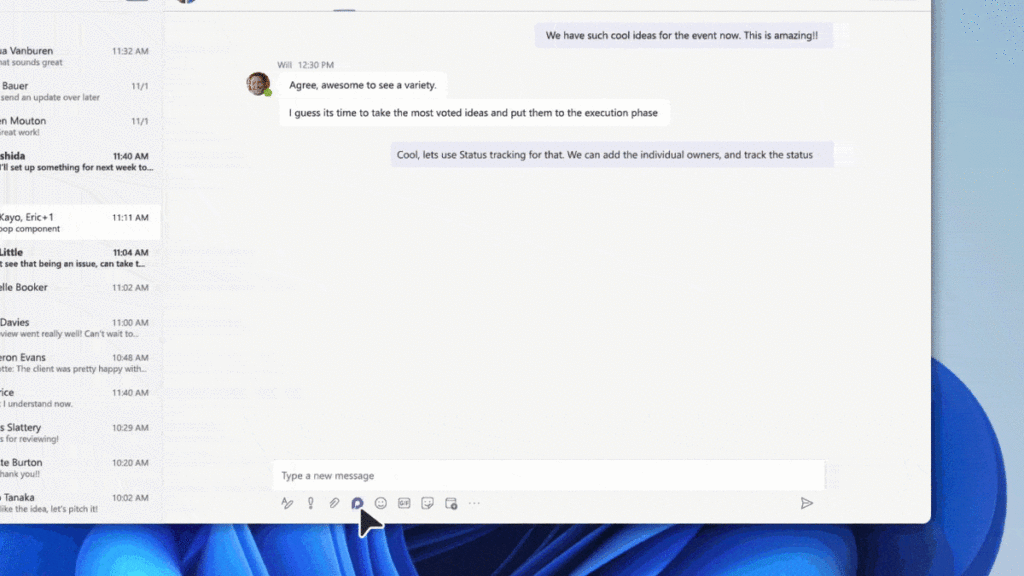A cursor clicks on an icon in a messaging app, opening a menu with options to attach files, images, and other resources in a chat window on a Windows desktop.