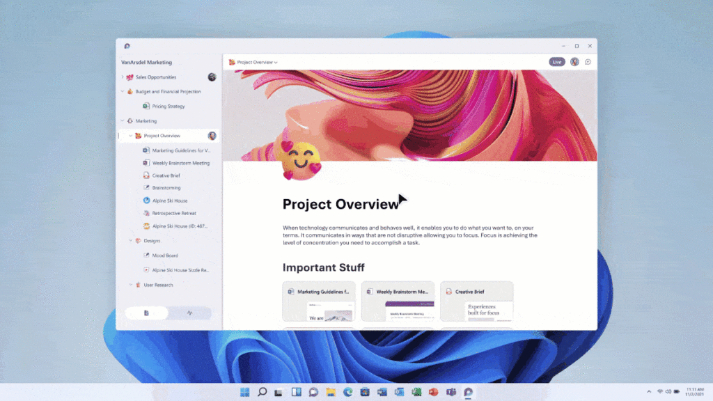 A computer screen displays a colorful project management app with a Project Overview page open. The Windows 11 taskbar is visible at the bottom, and a large cursor moves around the interface.