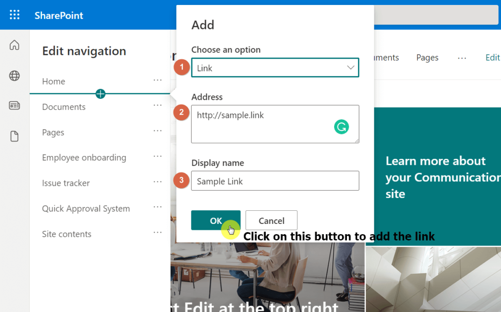 Provide the address and the display name of the link and click on the OK button