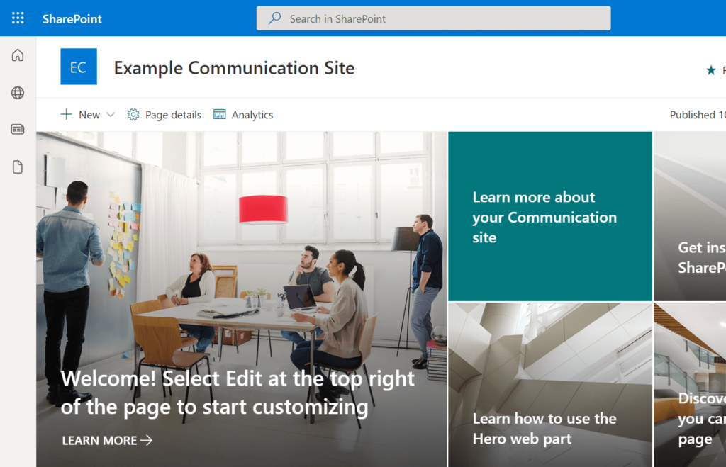 How a communication site without quick launch looks like