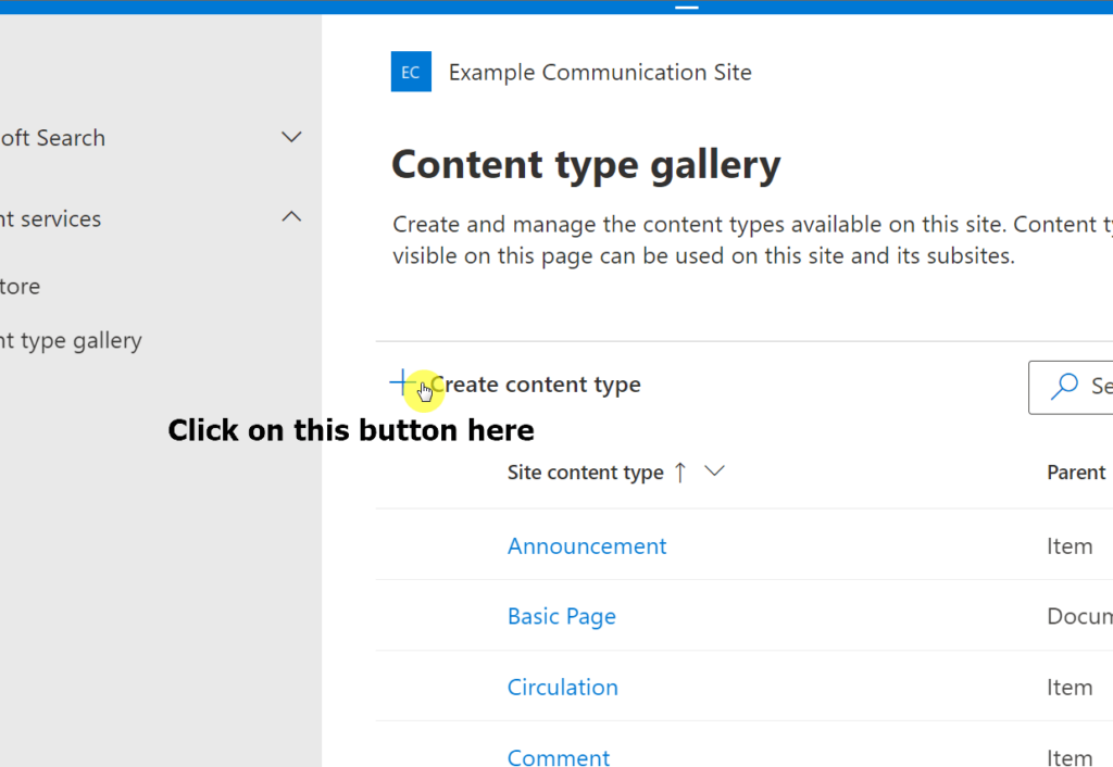 Click on the create content type button