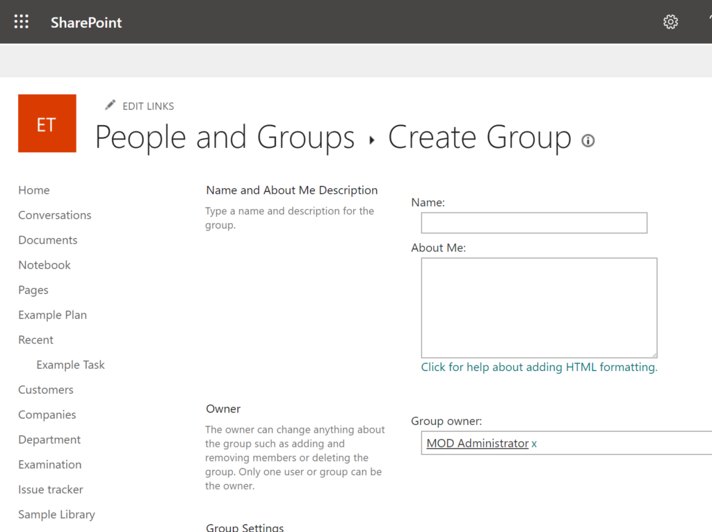 SharePoint page where you can create a site group