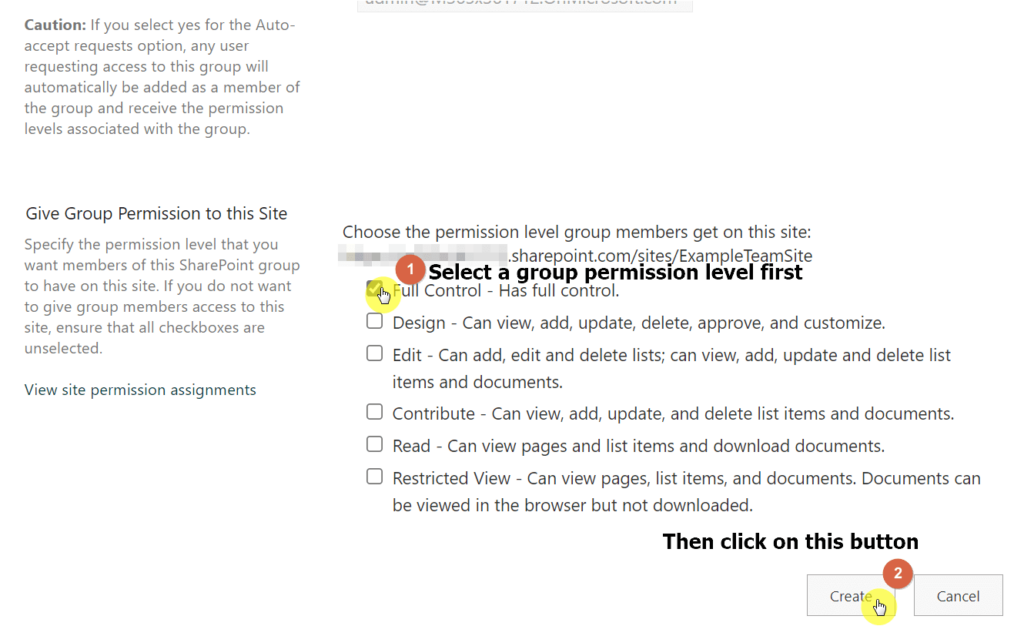 Select a group permission level first and click on the create button