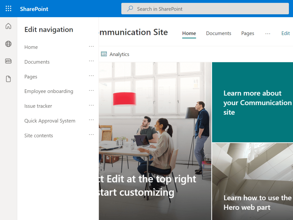 Edit navigation panel on a communication site