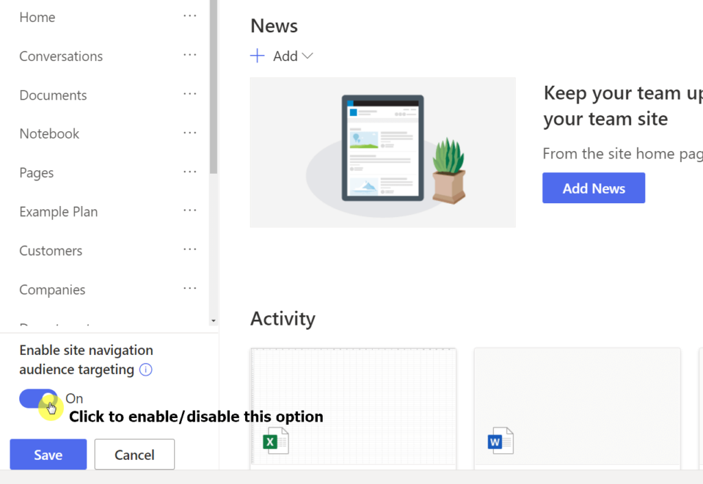Toggle on/off to enable/disable site navigation audience targeting
