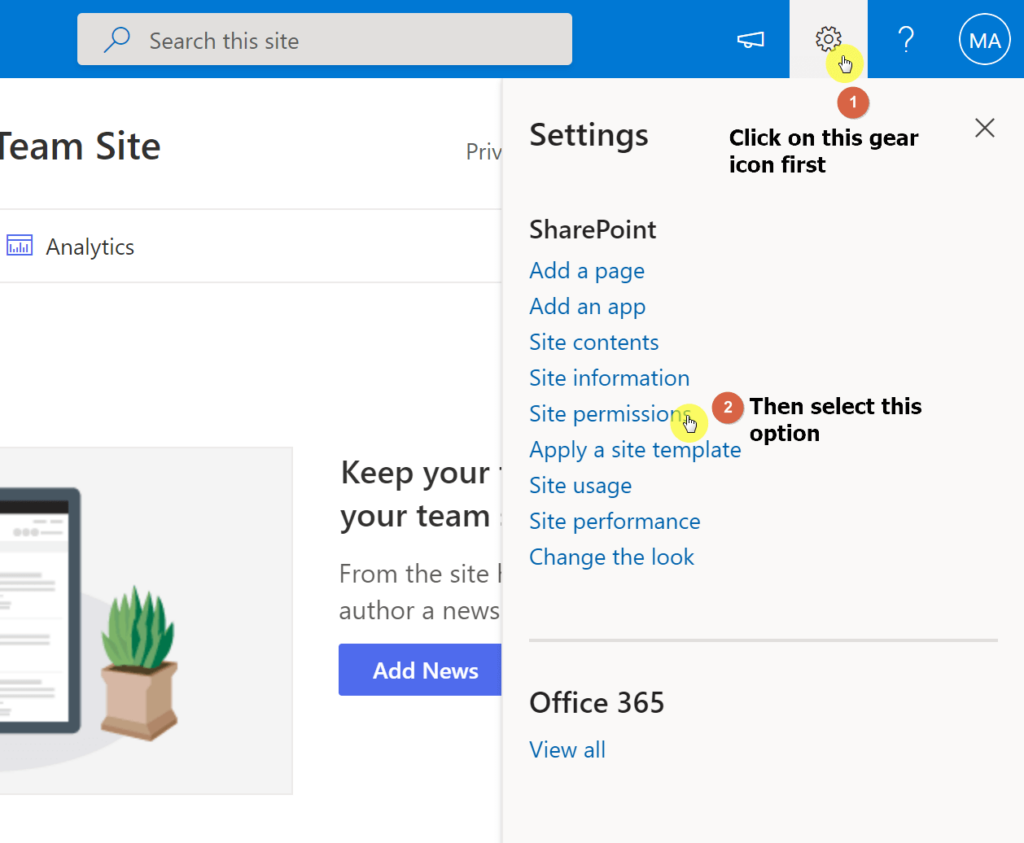 Click the gear icon and select site permissions